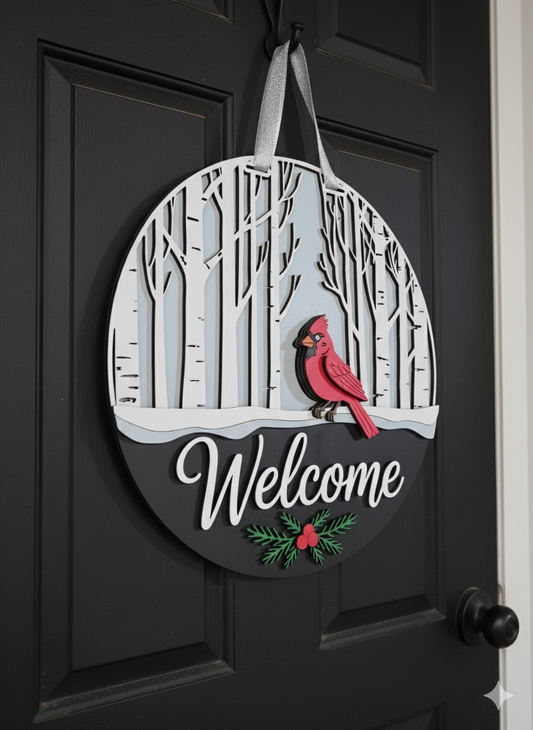 Winter Cardinal Welcome Door Hanger – Birch Tree Layered Wood Front Door Sign